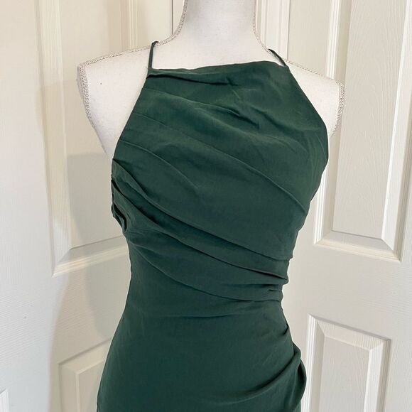 Zara Draped Linen Blend Dress in Bottle Green Medium - Picture 9 of 14